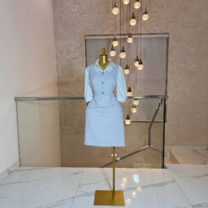 La Pastorale- Heather Grey Pinafore Dress with Poet-Sleeve Blouse