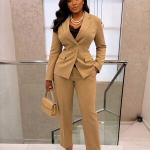 The Camel Executive - Fitted Peplum Blazer & Wide-Leg Trouser Set